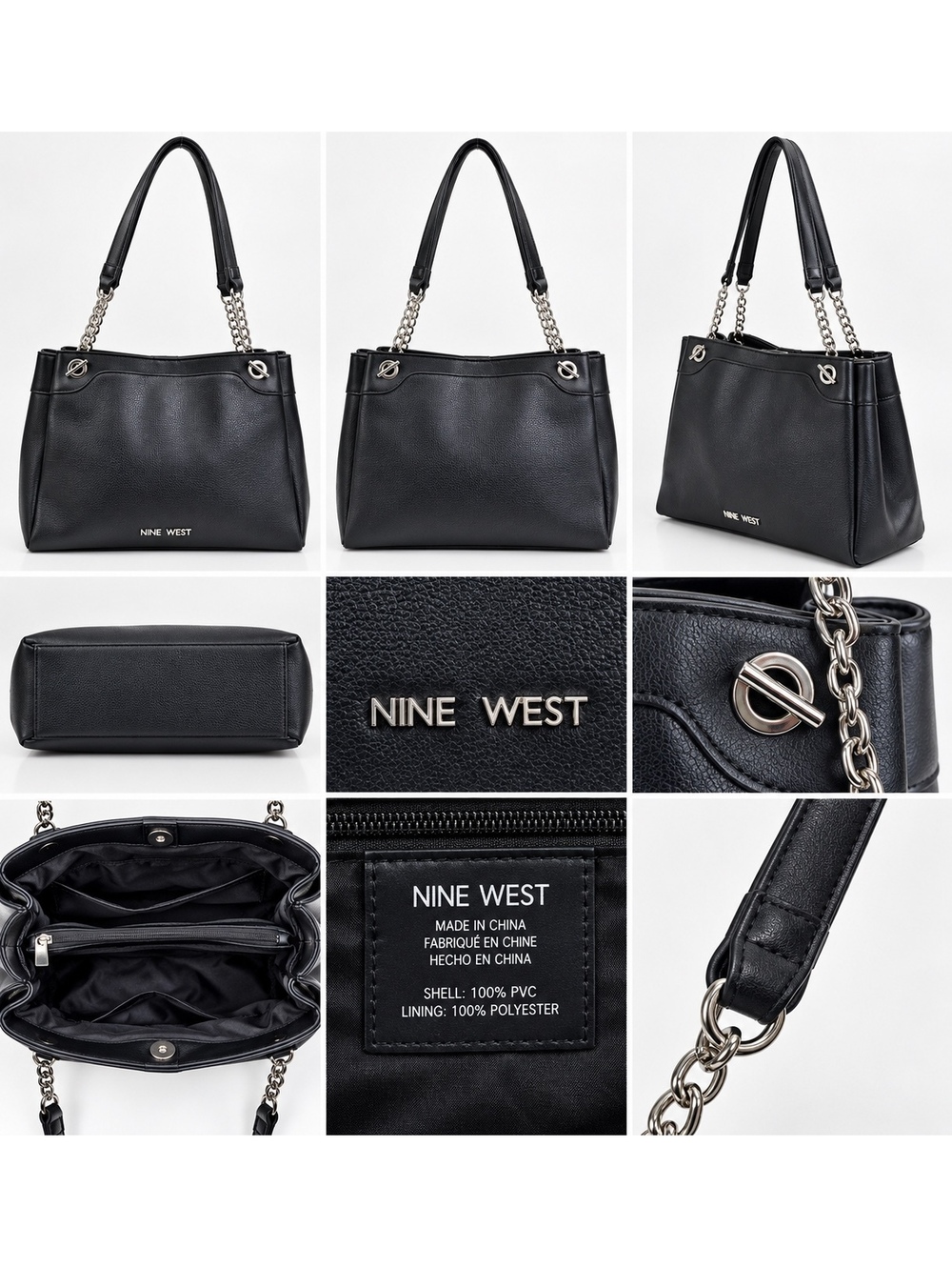 ent sNine West Black Faux Leather Tote Bag with Chain Handles Large Handbag